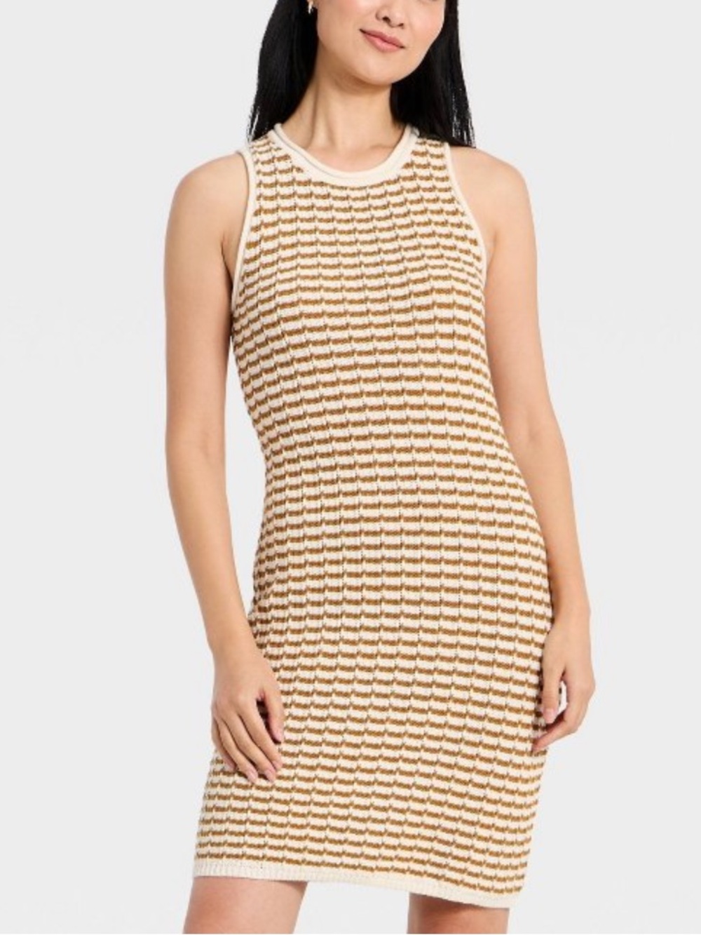 A. New. Day. Crochet mini sweater dress brown stripes nwt h